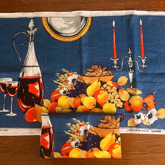 Ulster Irish Linen Tea Towels x 2 - Vintage Kitsch Tea Towel Wine, Nuts, Fruits - Picture 2 of 12